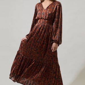 Sugarlips Rust Brown Floral Long Sleeve Maxi Dress